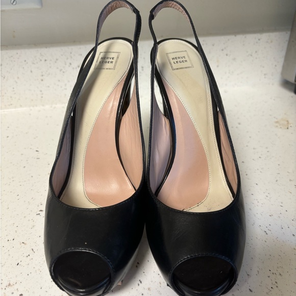 Herve Leger Peep Toe Leather Stiletto Black Tortoise Shell /leopard 7.5 EUC - Picture 5 of 11